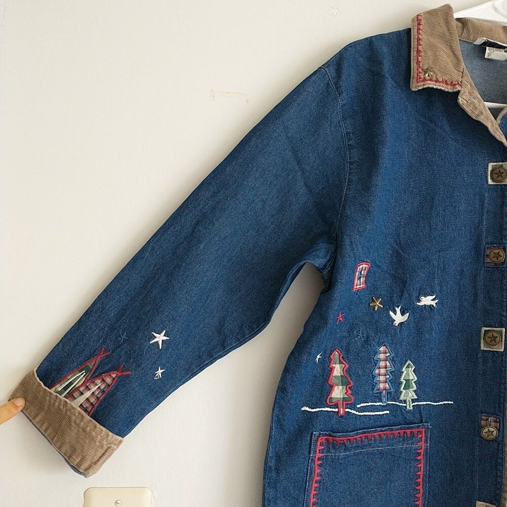 Vtg Teddi Chore Jacket Womens M Blue Denim Embroidered Heart Pocket Corduroy 90s - Picture 2 of 9